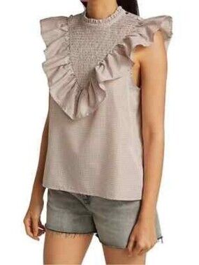 MUNTHE Rossi Plaid Smocked ruffle Sleeveless Mock Neck Blouse | SZ EU40 / US 10